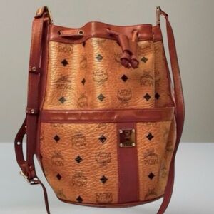 MCM 80s Original Vintage Cognac Munchen Germany Drawstring Bucket Bag